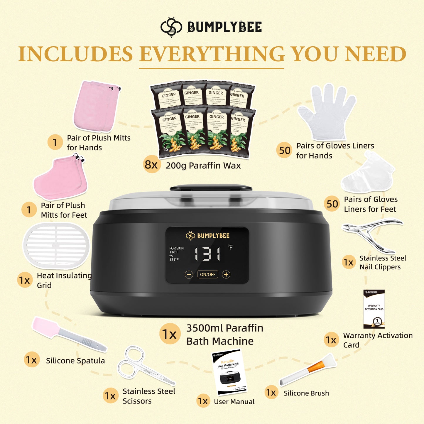 BUMPLYBEE Paraffin Wax Machine for Hand and Feet - 3500ml Hot Wax Hand Wax Machine with 8 Pcs Ginger Paraffin Bath Wax, Foot Wax Paraffin Foot Care Kit, Hand Wax Machine, Soothe and Moisturize Hands